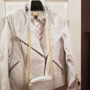 Iman White  Leather Moto Jacket and  Bag